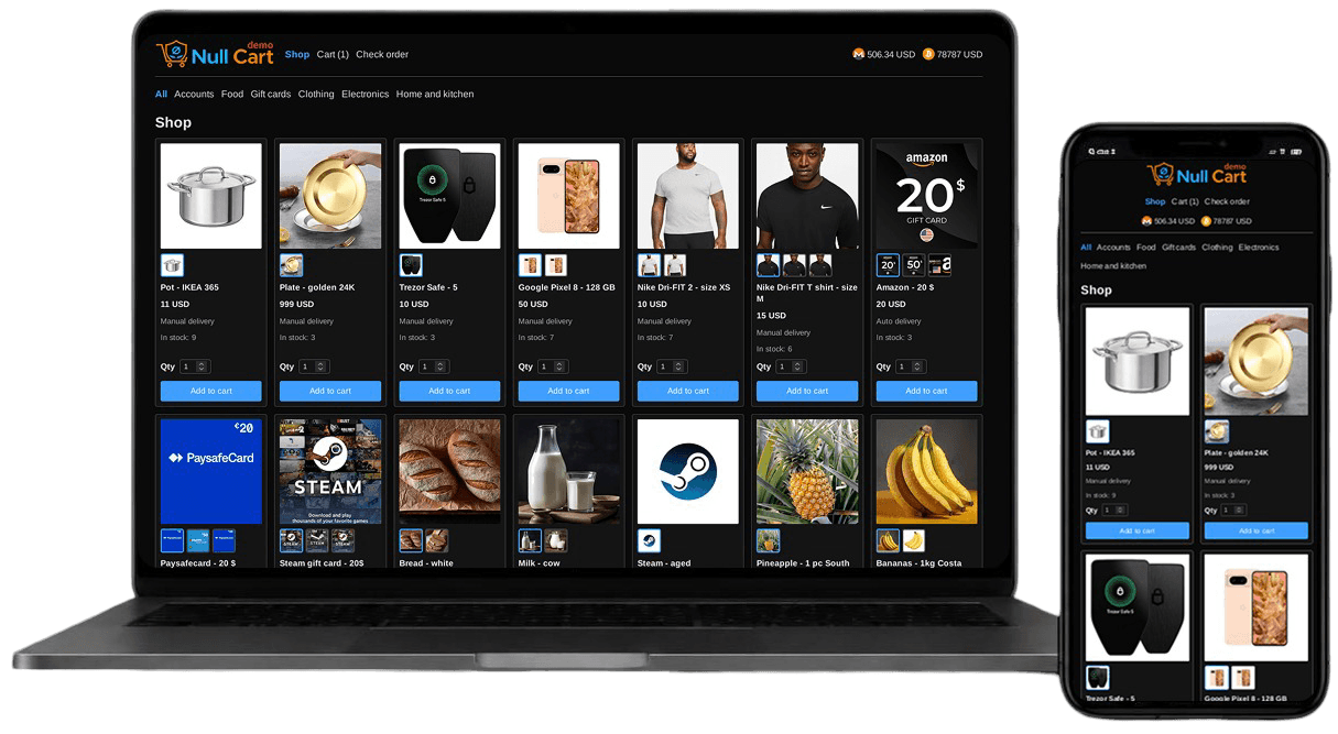 NullCart storefront on desktop and mobile